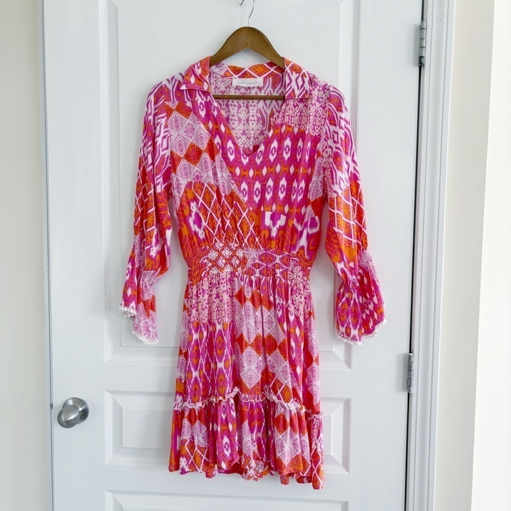 Walker & Wade Flamingo Pink Ikat Print Dress Medium Resortwear